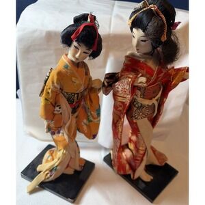 Set 2 Vintage Geisha Fabric Nishi Dolls Handmade In Japan Rare 12"